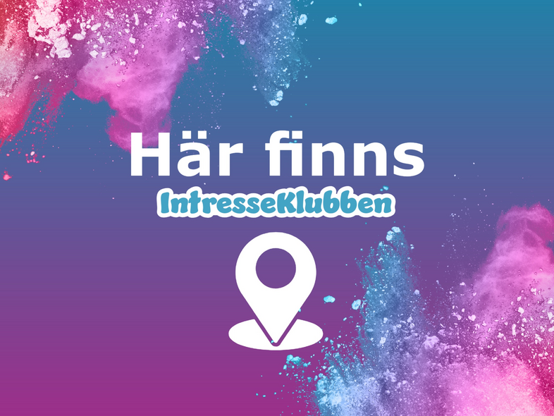 Texten 'Här finns IntresseKlubben' med en platsikon på en färgglad bakgrund i blått, rosa och lila.
