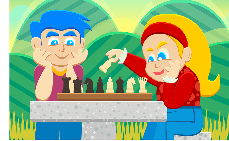 Två tecknade personer spelar schack utomhus vid ett stenbord, med gröna kullar i bakgrunden.