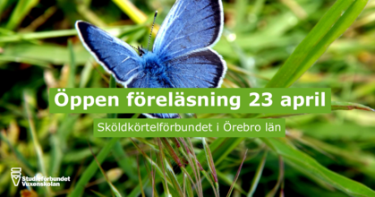 Blå fjäril på gräs med text om öppen föreläsning 23 april av Sköldkörtelförbundet i Örebro län.