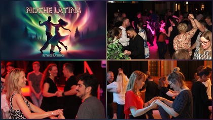 Fyra bilder visar människor som dansar och har roligt på ett latinamerikanskt dansparty, med texten 'Noche Latina'.