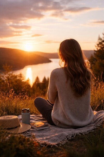 En person sitter på en filt vid en sjö och ser på solnedgången, omgiven av natur och böcker.