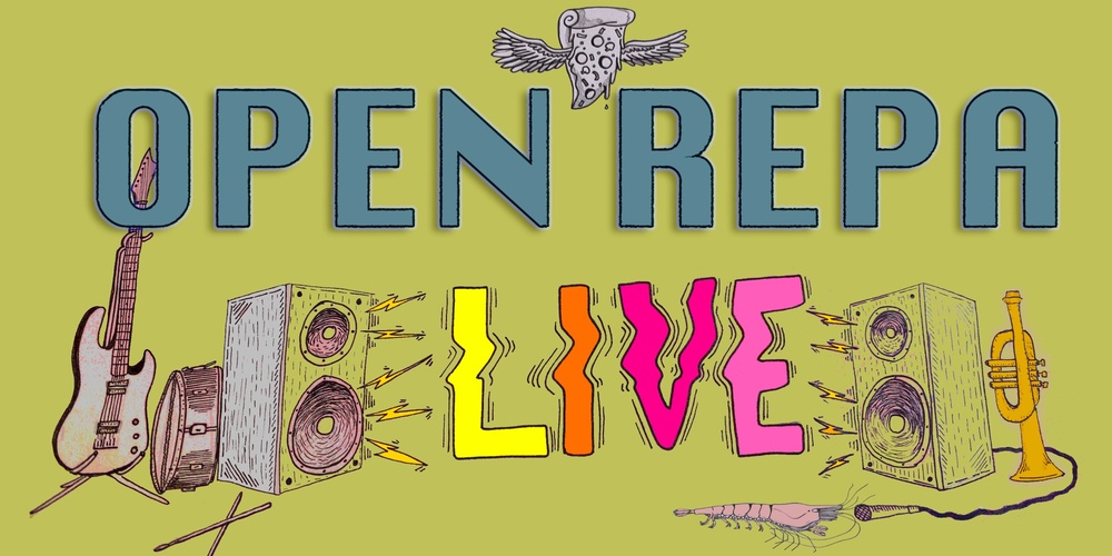 Illustration med texten 'OPEN REPA LIVE', musikinstrument, högtalare och en räka på ljusgrön bakgrund.