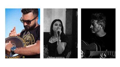 Tre musiker: en man spelar trumma, en kvinna sjunger och en man spelar gitarr.