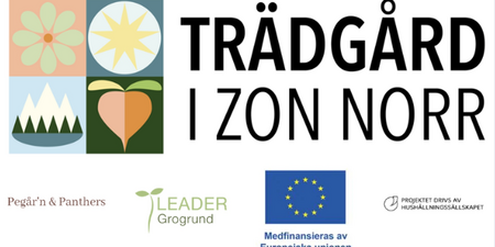 Logotyp och samarbetspartners för projektet Trädgård i zon norr med symboler för natur och EU-finansiering.
