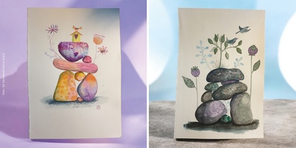 Två akvarellmålningar av staplade stenar med blommor och fåglar, en i lila och orange, en i grönt och blått.