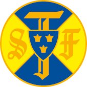 Rund logotyp med blå och gula fält, bokstäverna STF och tre kronor i mitten.