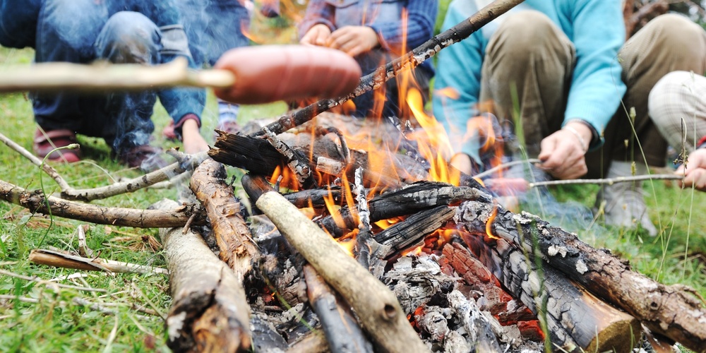 Flera personer grillar korv över öppen eld utomhus i en grön skogsmiljö.