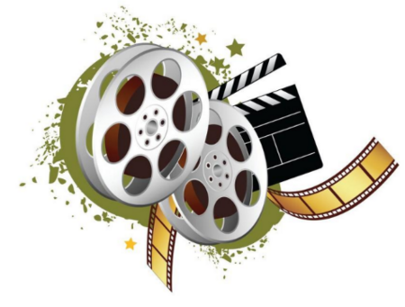 Två filmrullar, en filmklappa och en filmremsa mot en vit bakgrund med gröna och gula stänk.