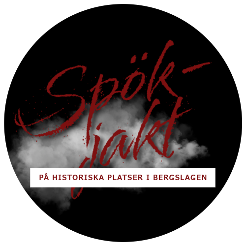 Svart cirkel med texten 'Spökjakt' i röd stil och 'På historiska platser i Bergslagen' i vitt.