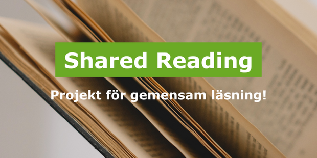 En hand håller en öppen bok. Text om Shared Reading-projekt och logotyper för tre organisationer syns.