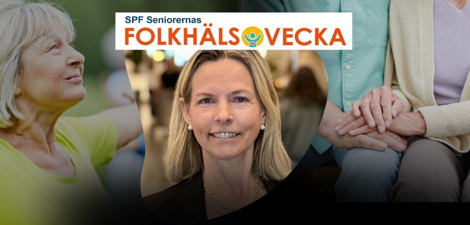 Banner för SPF Seniorernas Folkhälsovecka med äldre personer, händer som håller och text i orange och blått.