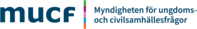 Logotyp för MUCF, Myndigheten för ungdoms- och civilsamhällesfrågor, med färgade ränder.