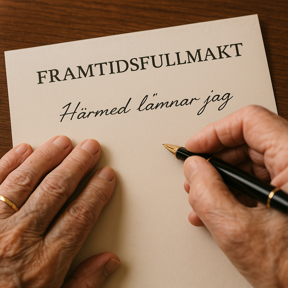En person skriver på ett dokument med rubriken 'Framtidsfullmakt' på ett träbord.