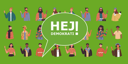 Illustration av olika personer med pratbubbla där det står 'HEJ! DEMOKRATI' på grön bakgrund.