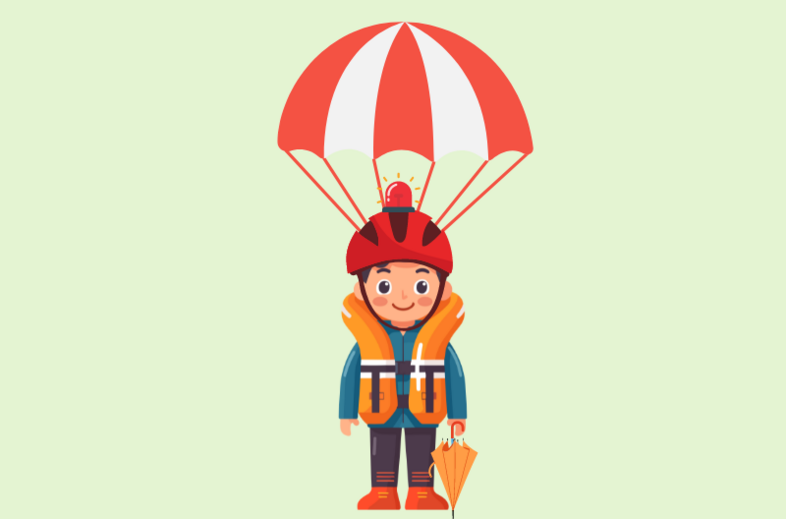 Tecknad person med fallskärm, hjälm och flytväst står på ljus bakgrund och håller ett paraply.