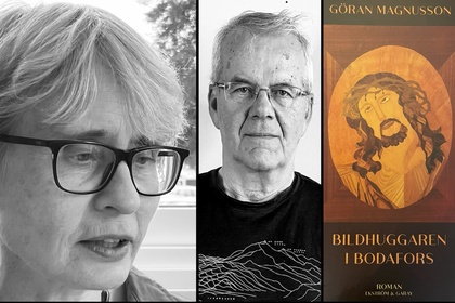 Två svartvita porträtt av personer och ett bokomslag med titeln 'Bildhuggaren i Bodafors' av Göran Magnusson.