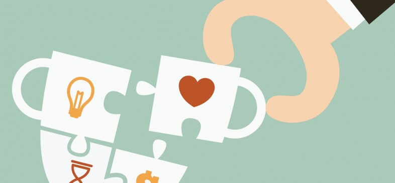 En tecknad illustration på en hand som pusslar ihop en kopp.