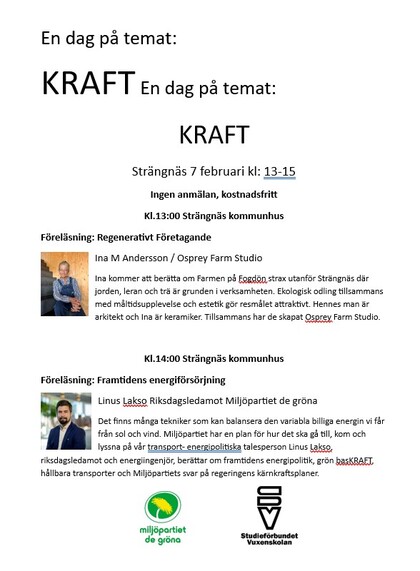 Affisch för temadagen KRAFT i Strängnäs med föreläsningar om regenerativt företagande och framtidens energiförsörjning.