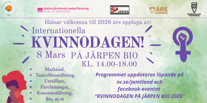 Affisch för Internationella kvinnodagen 2026 på Järpen Bio med information om evenemanget och dess aktiviteter.