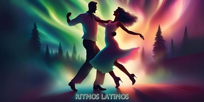 Två personer dansar under färgglada norrsken med texten 'Noche Latina' och 'Ritmos Latinos' ovanför.