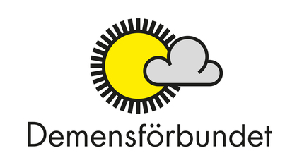 Logotyp med en gul sol delvis täckt av ett grått moln och texten 'Demensförbundet' under.