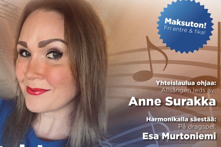 Affisch för allsång på finska med en porträttbild av en kvinna och information om evenemanget.