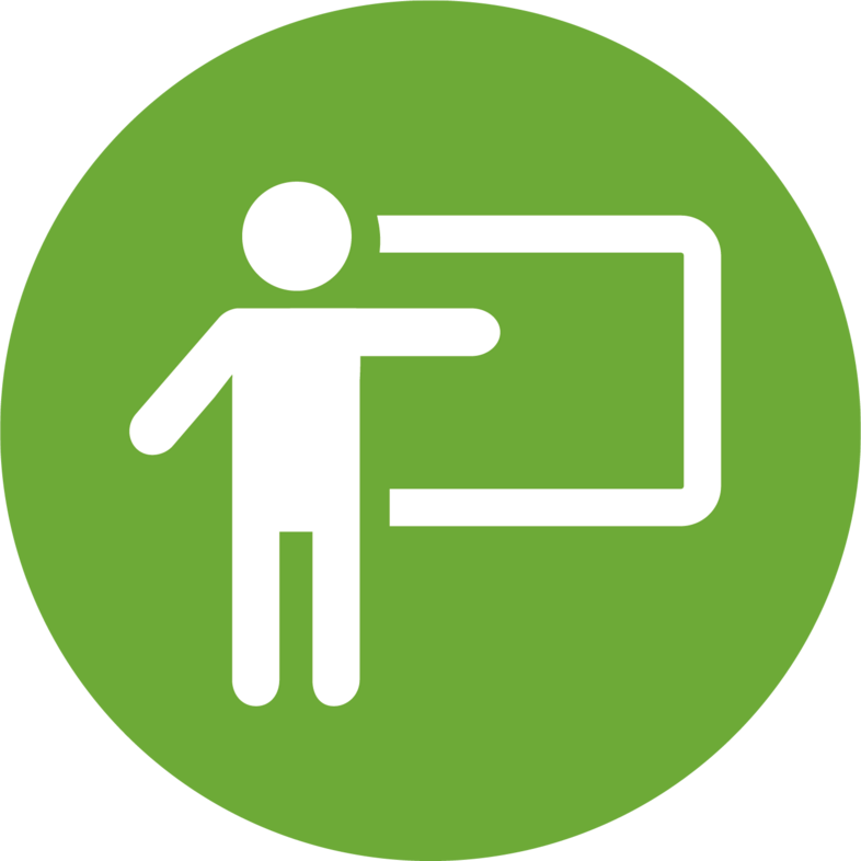 En ikon av en person som pekar på en tavla, vit figur på grön cirkelbakgrund.