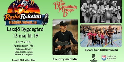 Affisch för musikevenemang i Laxsjö Bygdegård med band, solist och kulturskoleelever.