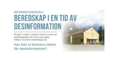 Affisch om informationskväll om beredskap och desinformation, med bild på gult hus och blå himmel.