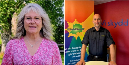 Två personer med suddiga ansikten, en kvinna utomhus i rosa klänning och en man inomhus i uniform vid en färgglad skylt.