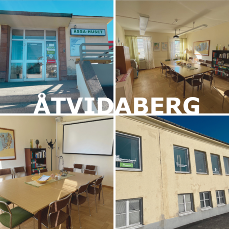 Fyra bilder visar ett gult kontorshus, två mötesrum och en entré med skylten ÅSSA-HUSET i Åtvidaberg.