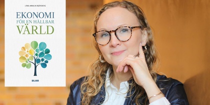 Omslag av boken 'Ekonomi för en hållbar värld' och en person med suddat ansikte sitter mot en orange bakgrund.