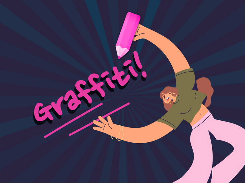 illustration, graffiti, person, penna, rosa, lila, tecknad stil, konst, text, kreativitet, färgglad, street art, modern, ungdom, skapande