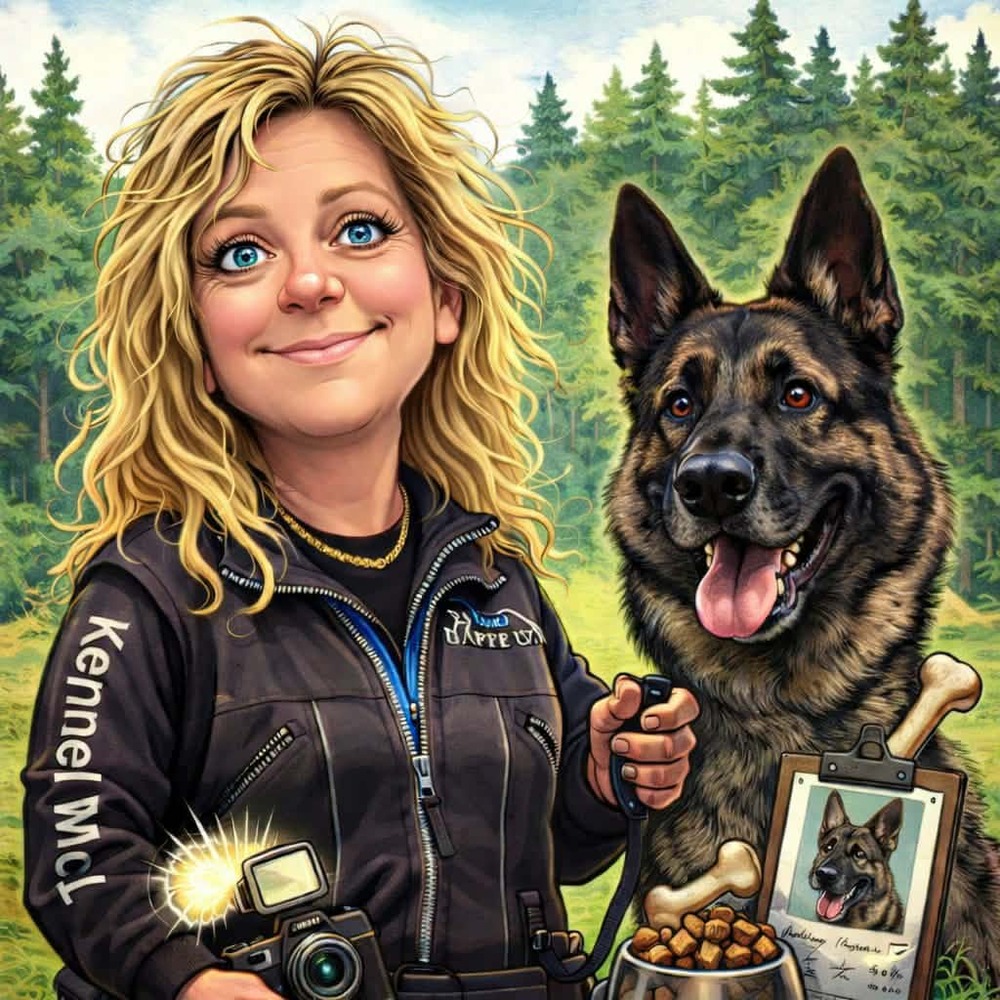 Person med långt blont hår och schäferhund i skogsmiljö, håller kamera och hundkoppel.