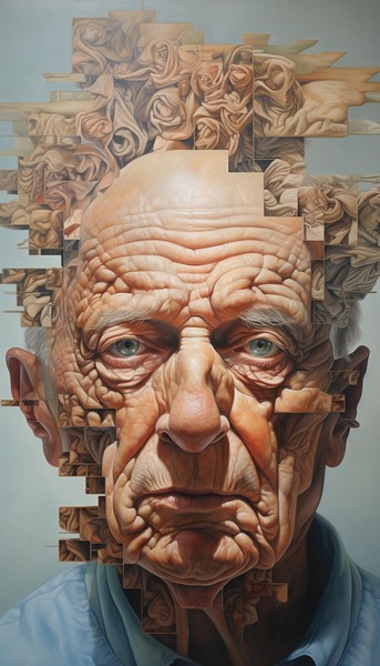 Surrealistiskt porträtt av en person med geometriska och organiska former i håret, målade i mjuka färger.