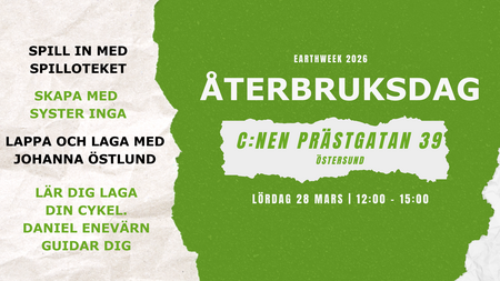 Affisch för Återbruksdag i Östersund med information om aktiviteter och plats, dominerande färger är grönt och vitt.