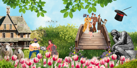 En idyllisk scen med ett hus, bro, staty, tulpaner, får, musiker och människor i retrokläder.