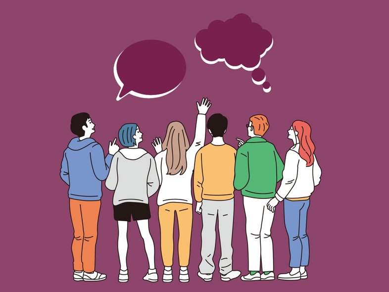 Sex personer står med ryggen mot kameran och tittar på pratbubblor mot en lila bakgrund.