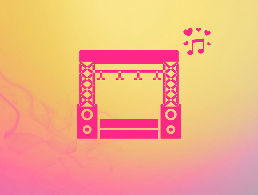 Illustration av en konsertscen med högtalare och musiknoter på en gul och rosa bakgrund.