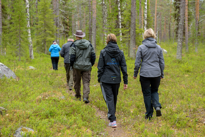 En grupp människor vandrar på en stig genom en grön skog, sedda bakifrån.