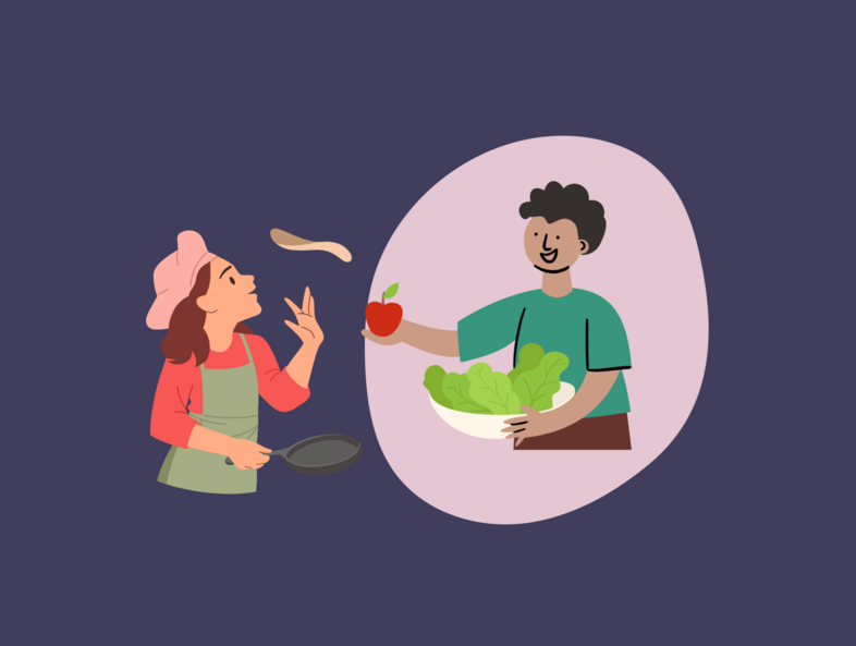 Två tecknade personer lagar mat, en kvinna steker pannkaka och en man håller sallad och ett äpple.