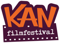 Logotyp för KAN filmfestival med stora orange bokstäver och filmremsa i lila och vitt.