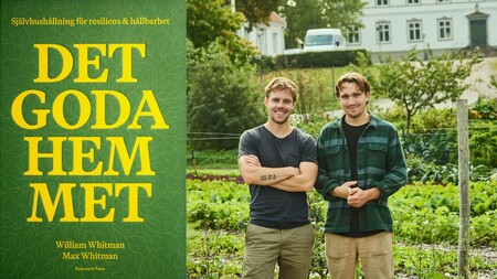 Två personer står i en grönsaksodling bredvid ett bokomslag med titeln 'Det goda hemmet'.