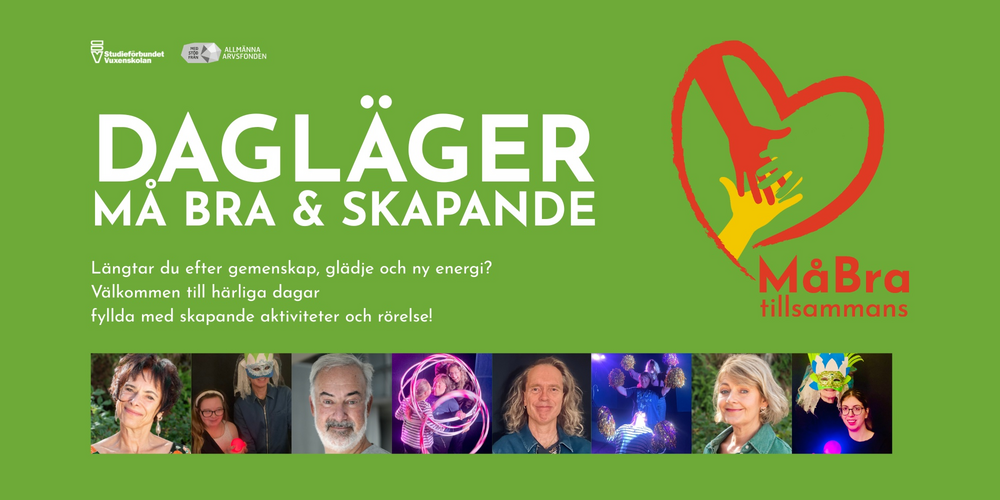 Affisch för dagläger med text om gemenskap, skapande aktiviteter och rörelse på grön bakgrund.