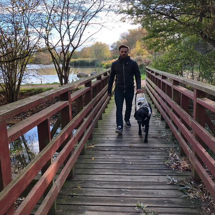 En man promenerar med en svart hund på en träbro i en park med höstfärger.