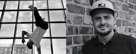 Två svartvita bilder: en person gör en handstående danspose framför stora fönster, en annan står vid en tegelvägg och ler mot kameran.