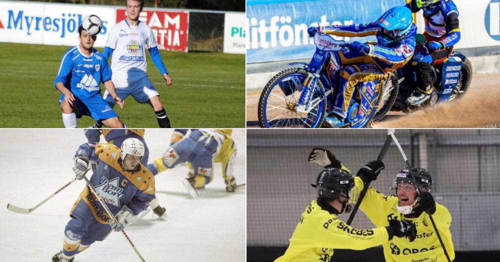 Fyra sporter: fotboll, speedway, ishockey och bandy, visas i fyra olika bilder med spelare i aktion.