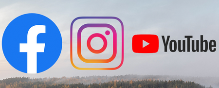 Logotyper för Facebook, Instagram och YouTube över en landskapsbild med skog och fält.