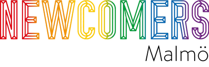 Texten 'NEWCOMERS Malmö' i regnbågsfärger och svart, med modern och tydlig typografi.