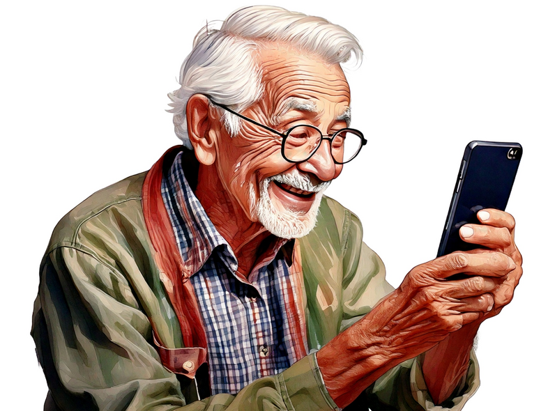 Glad äldre man med glasögon tittar på en smartphone och ler stort.